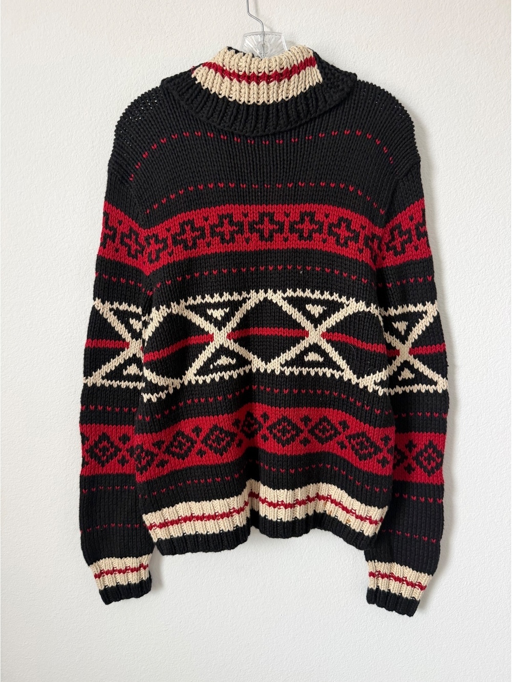 Ralph Lauren VTG 100%Cotton Hand Knit Shawl Neck Aztec Pattern Sweater Size L - Picture 2 of 8
